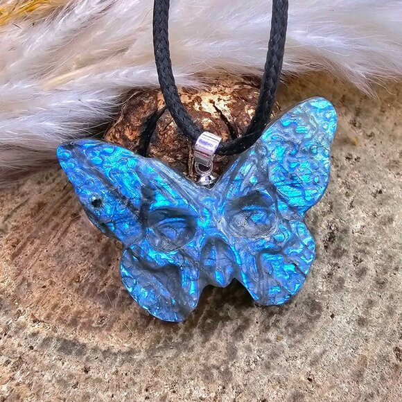 Nature Labradorite Carved Hidden Skull Butterfly Pendant Necklace - Picture 8 of 10